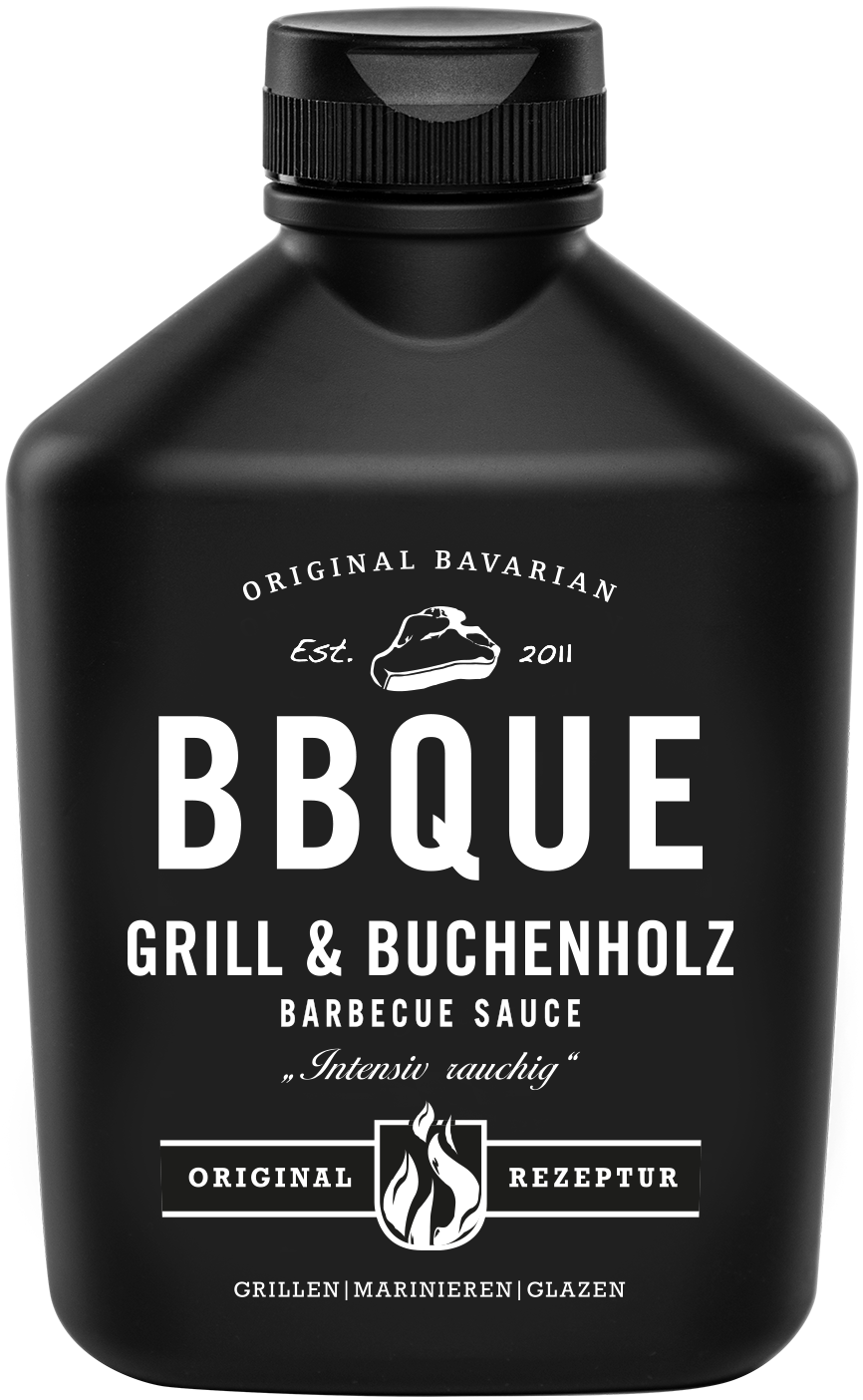 BBQUE Grill & Buchenholz Sauce in der schwarzen Flasche