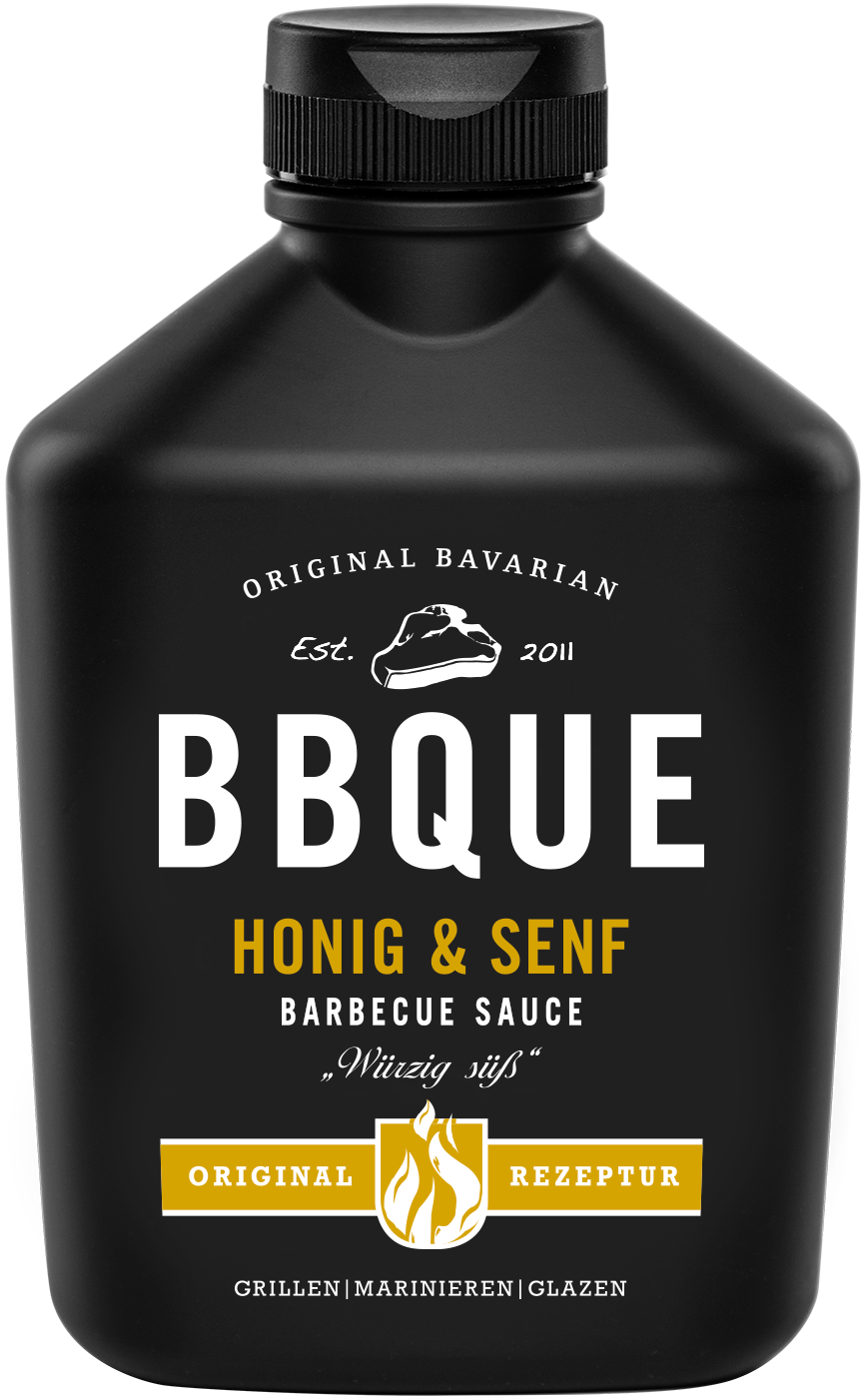 BBQUE Honig Senf Sauce in der schwarzen Flasche