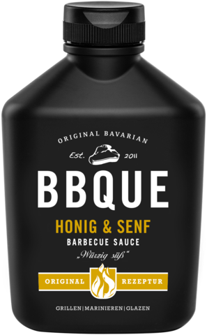 BBQUE Honig Senf Sauce in der schwarzen Flasche