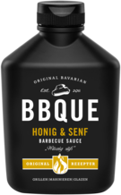 BBQUE Honig Senf Sauce in der schwarzen Flasche