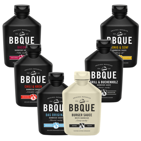BBQUE – BBQ-Saucen Set "Sixpack" 6x400 ml – Barbecuesaucen Bundle (White Barbecue, Oiginal, Grill & Buchenholz, Chili & Kren, Bacon, Honig & Senf) – Ideal zum Grillen, für Marinaden & als Dip
